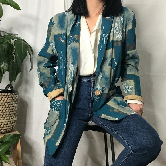 Vintage 1980s geometric floral blazer green medium - Picture 5 of 12